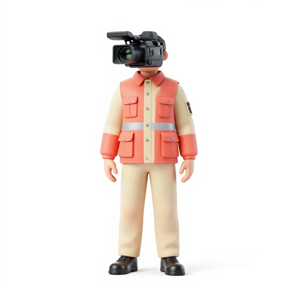 War correspondent with a hovering camera isolated on a white background