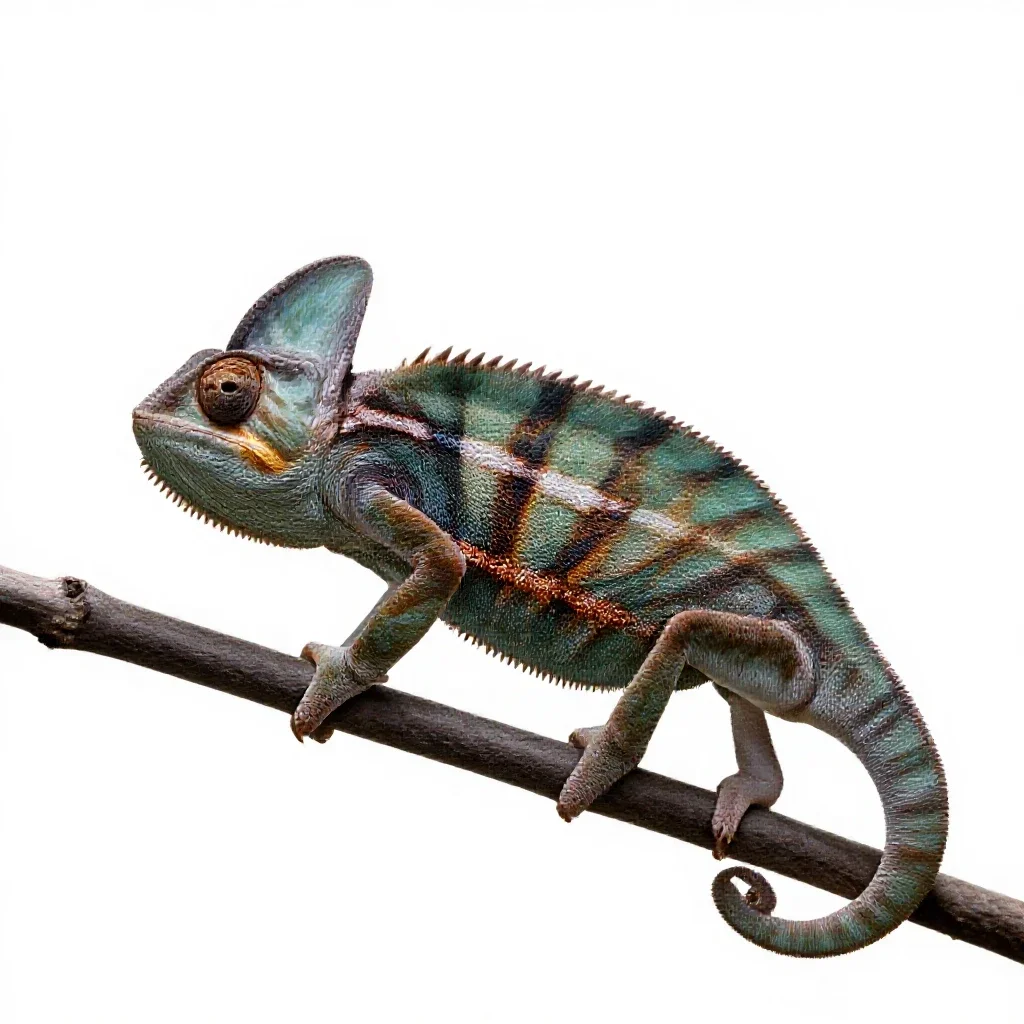 Chameleon on a branch isolated on a white background