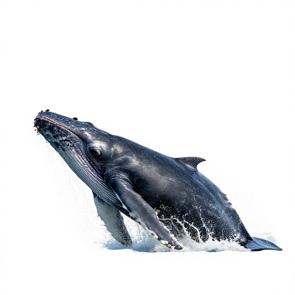 Humpback whale breaching isolated on a white background