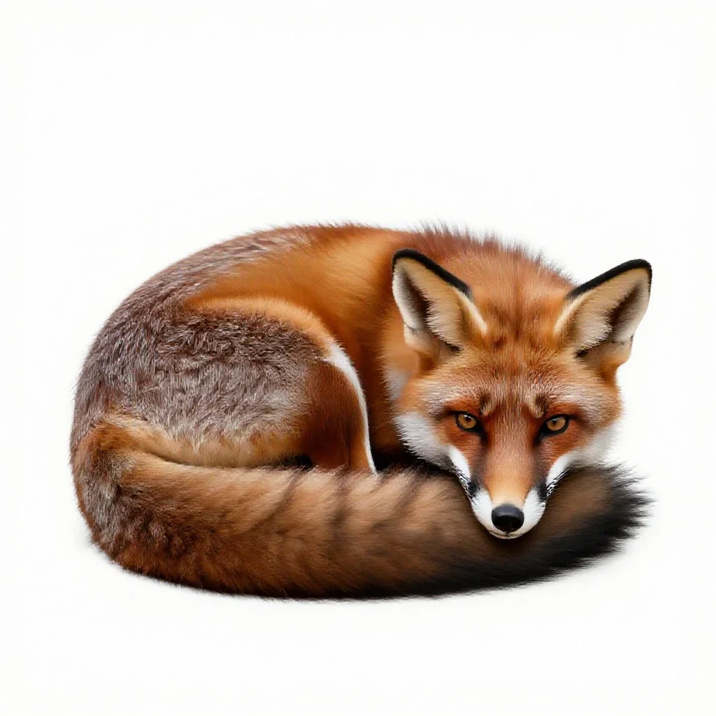 Red fox curled asleep isolated on a white background