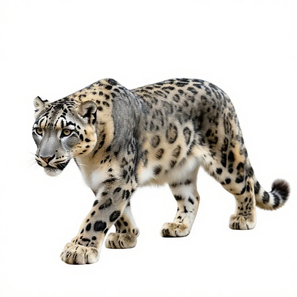 Snow leopard mid-prowl isolated on a white background