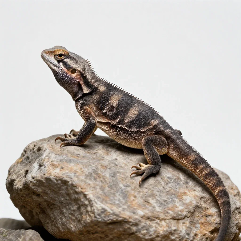 Tuatara on a rock isolated on a white background