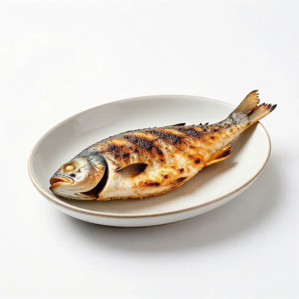 Grilled fish on a plate isolated on a white background