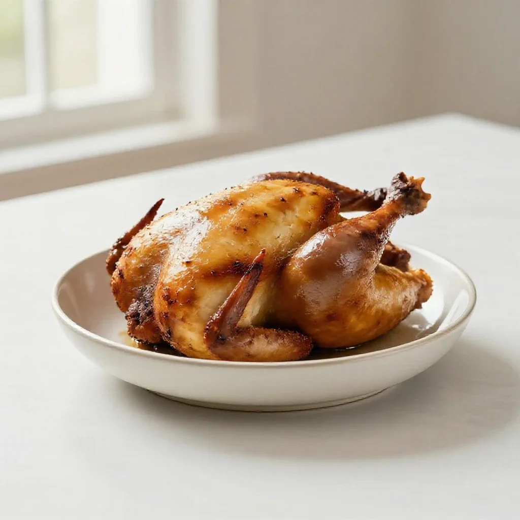 Roast chicken on a board isolated on a white background