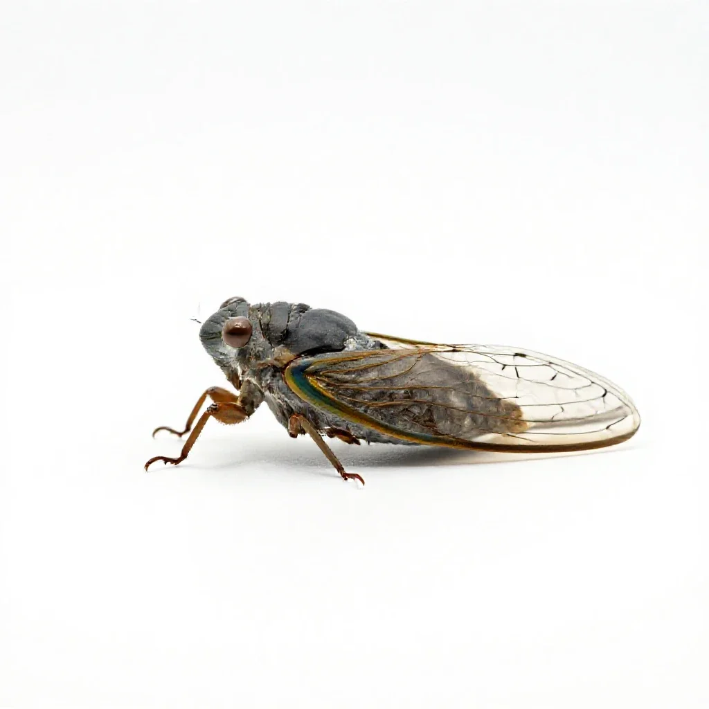 Cicada mid-song isolated on a white background