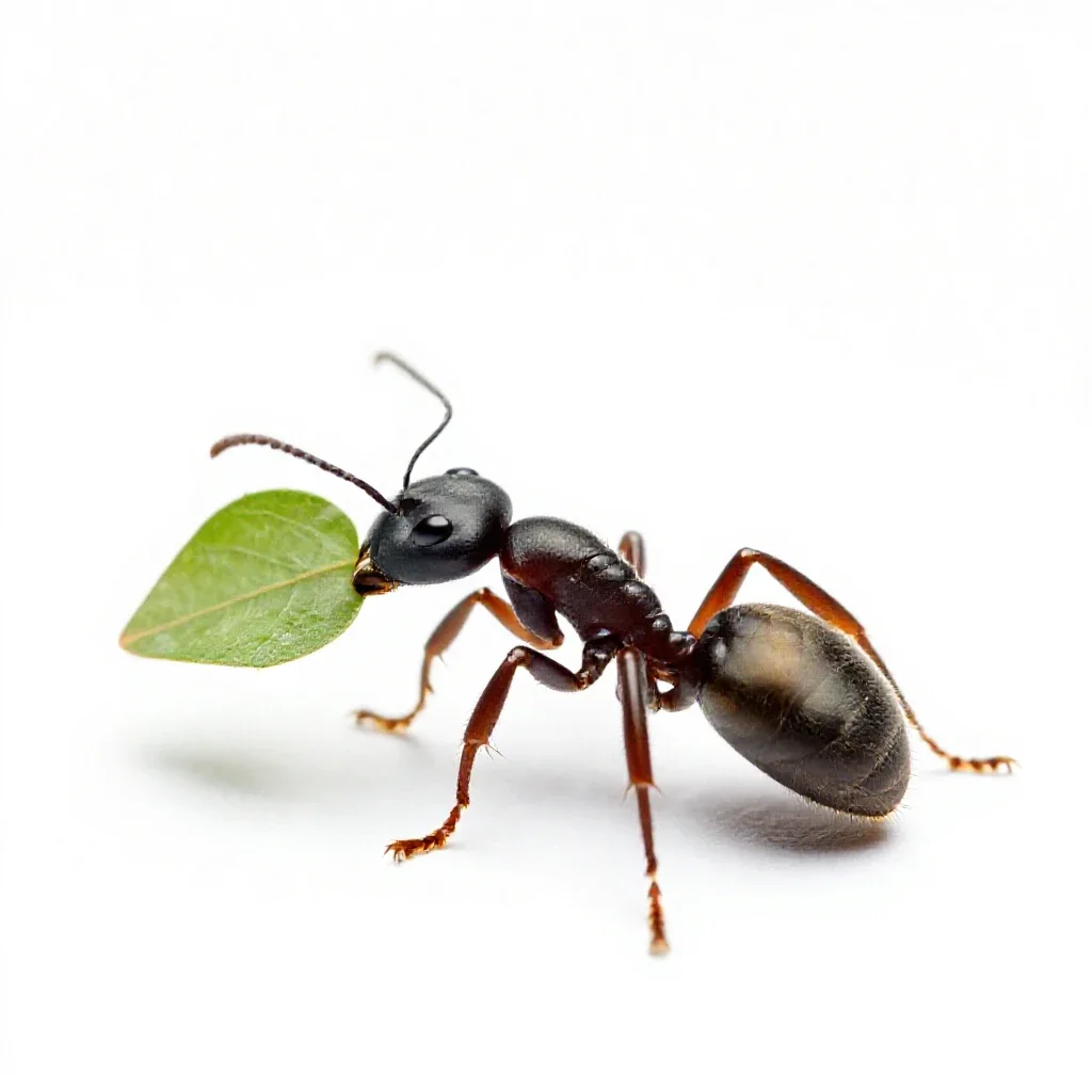 Leafcutter ant carrying a leaf isolated on a white background