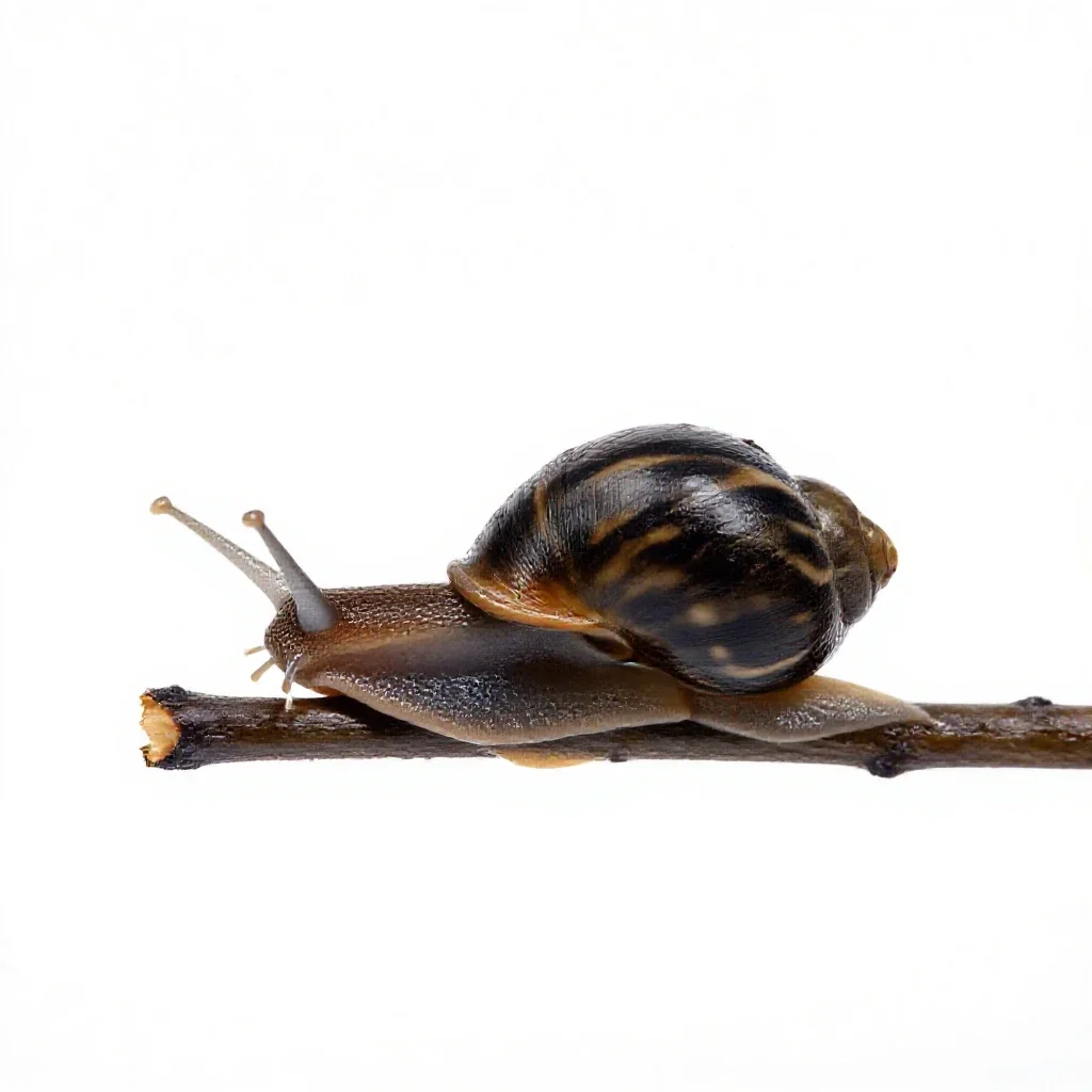 Snail on a wet stem isolated on a white background