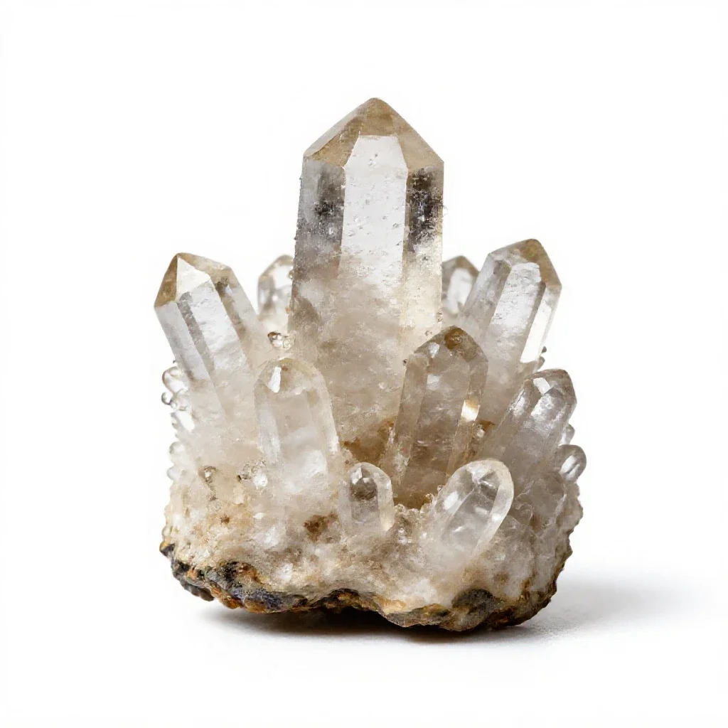 Quartz crystal cluster isolated on a white background