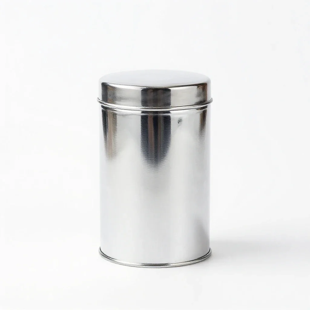 Cylindrical tea caddy tin isolated on a white background