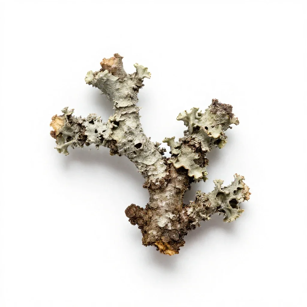 Lichen-covered twig isolated on a white background