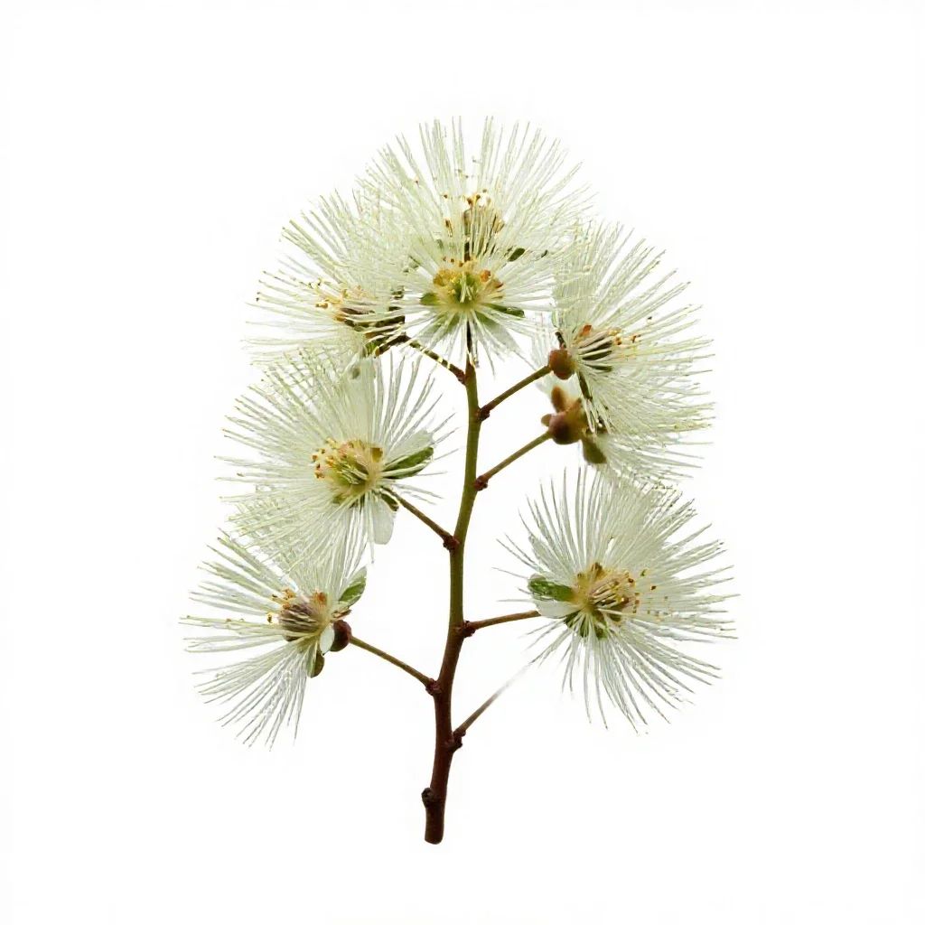 Pohutukawa branch in flower isolated on a white background
