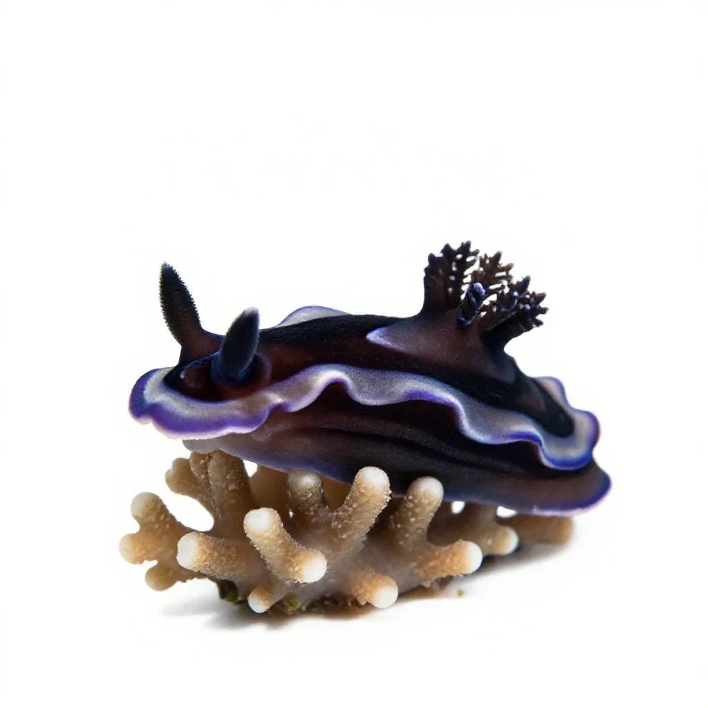 Nudibranch on coral isolated on a white background