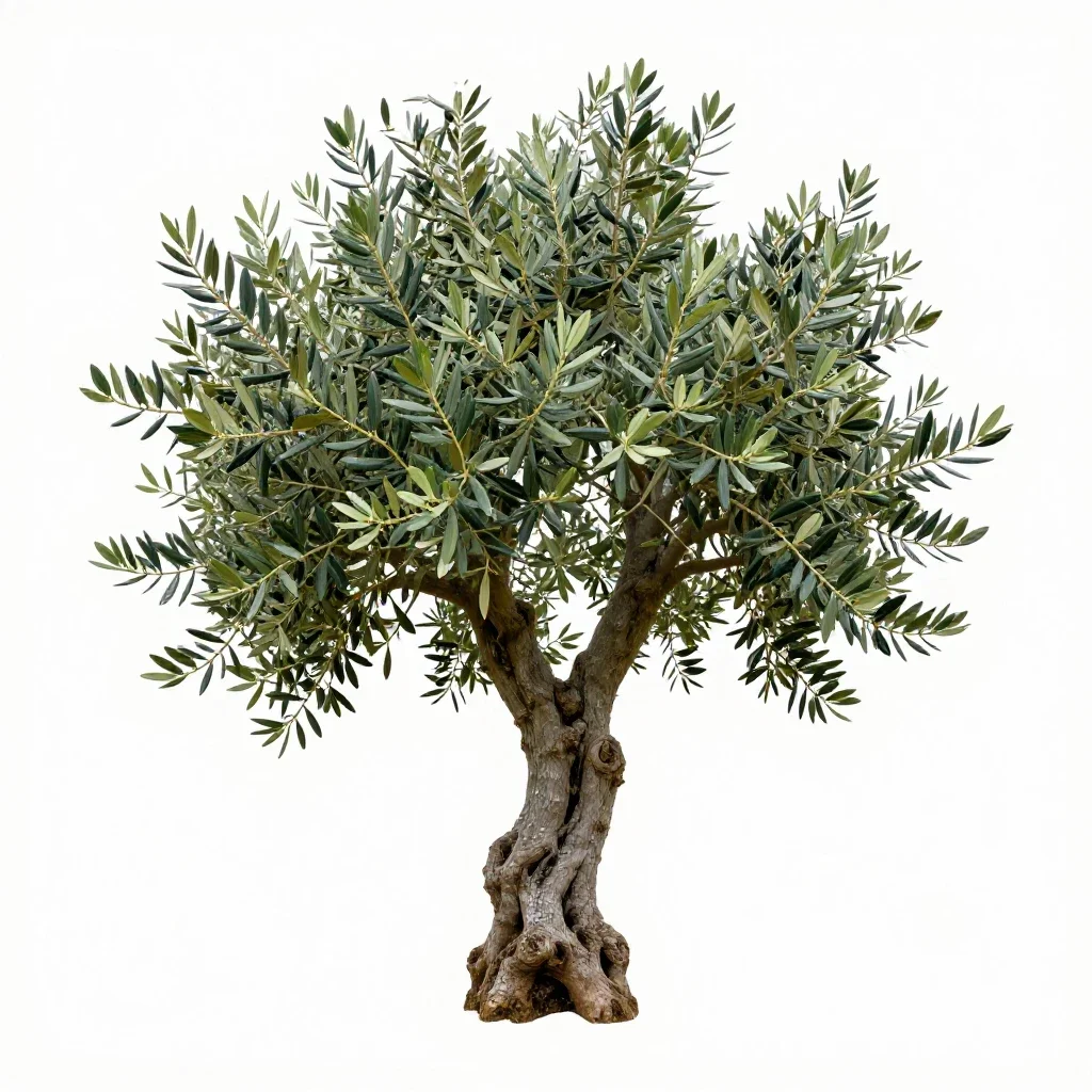 Olive tree with a gnarled trunk isolated on a white background