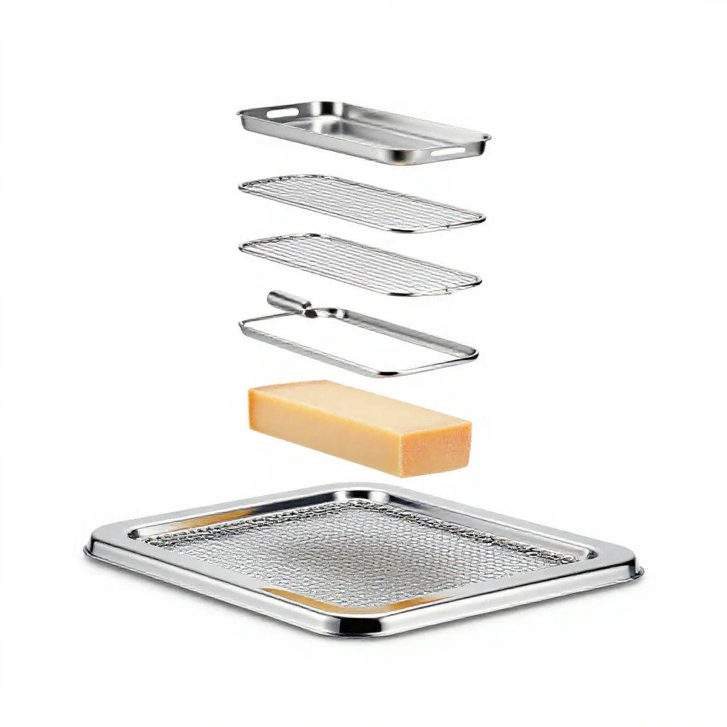 Cheese board with a wire slicer isolated on a white background