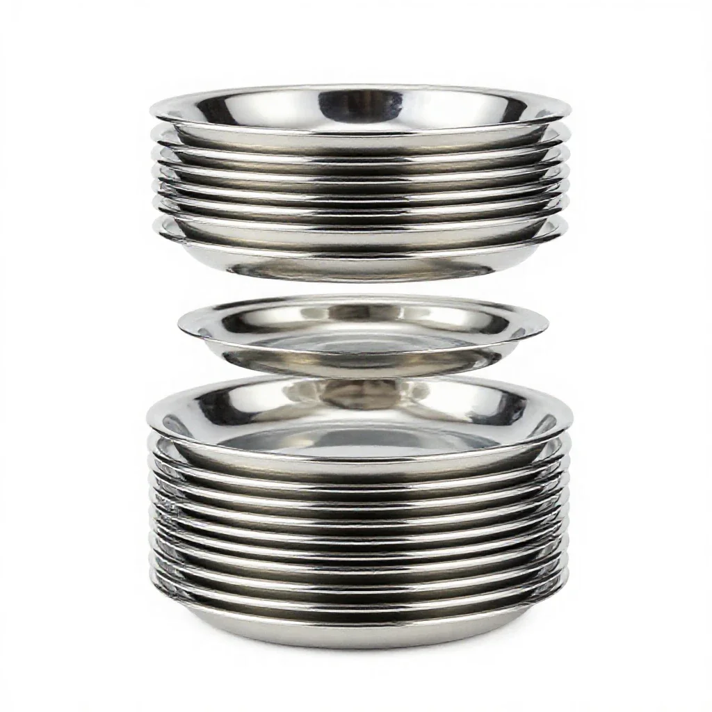 Stack of enamel camping plates isolated on a white background