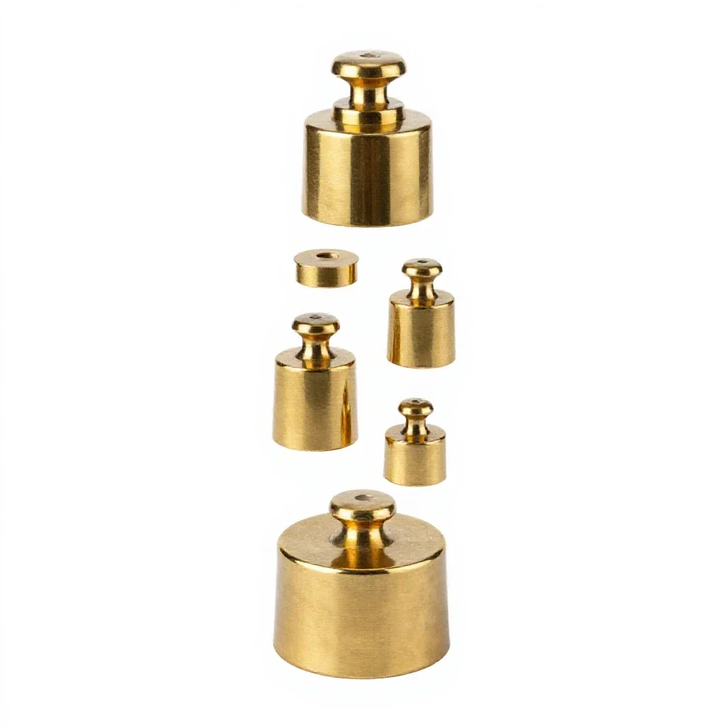 Scale with brass weights isolated on a white background
