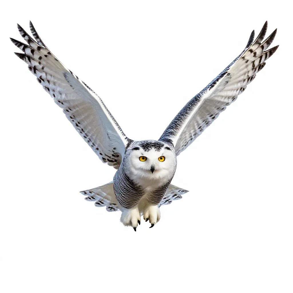 Snowy owl in flight isolated on a white background
