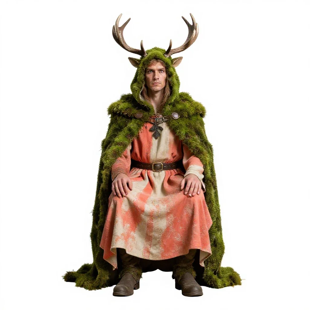 Druid cloaked in moss and antlers isolated on a white background