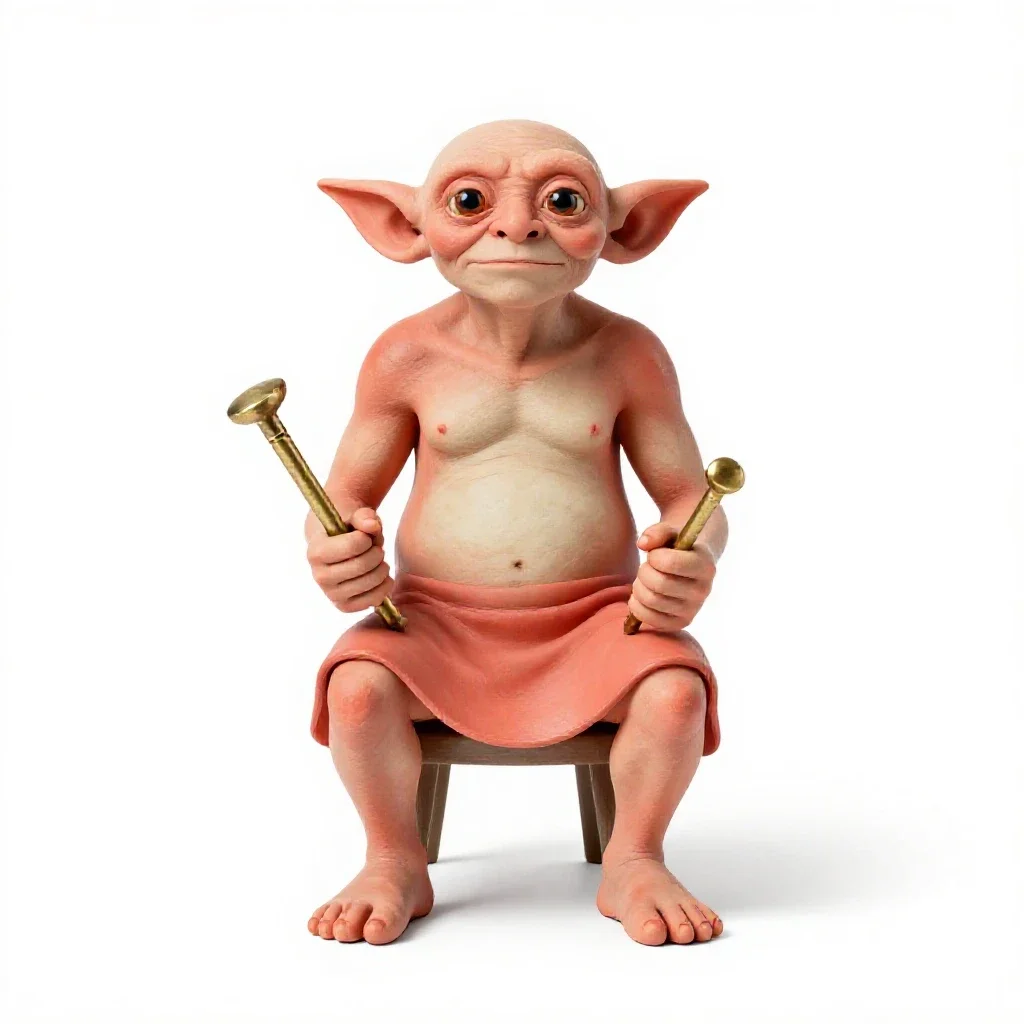 Golem-smith with brass tools isolated on a white background