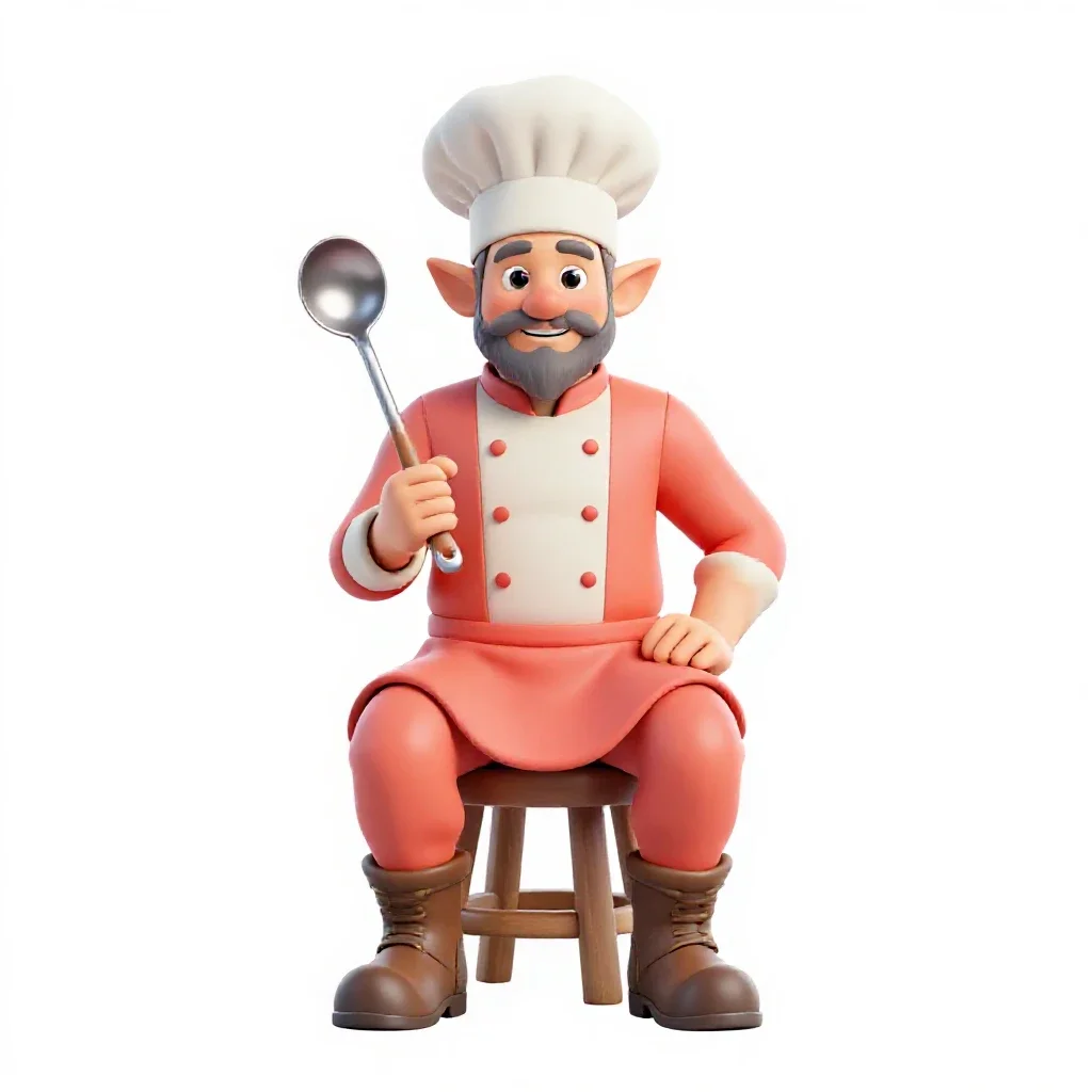 Halfling cook with a ladle isolated on a white background