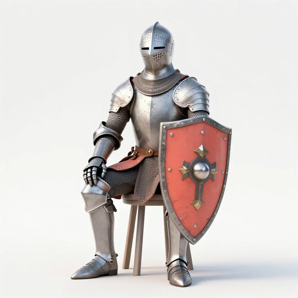 Knight errant with a battered shield isolated on a white background