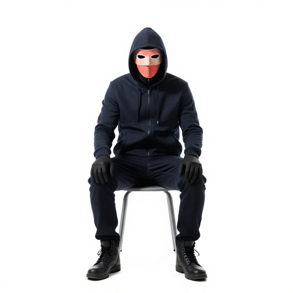 Masked assassin in dark cloth isolated on a white background
