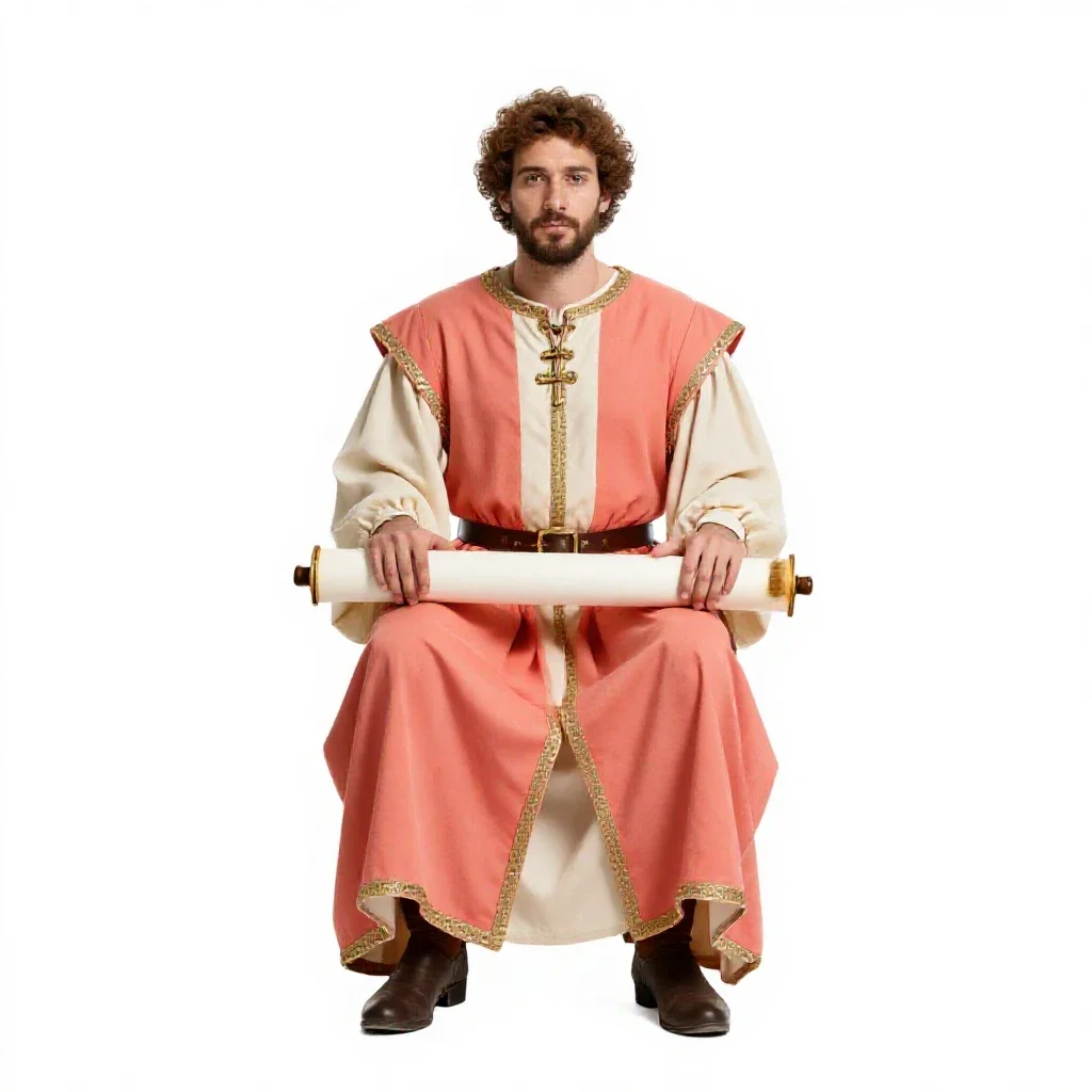 Royal cartographer with scroll tubes isolated on a white background