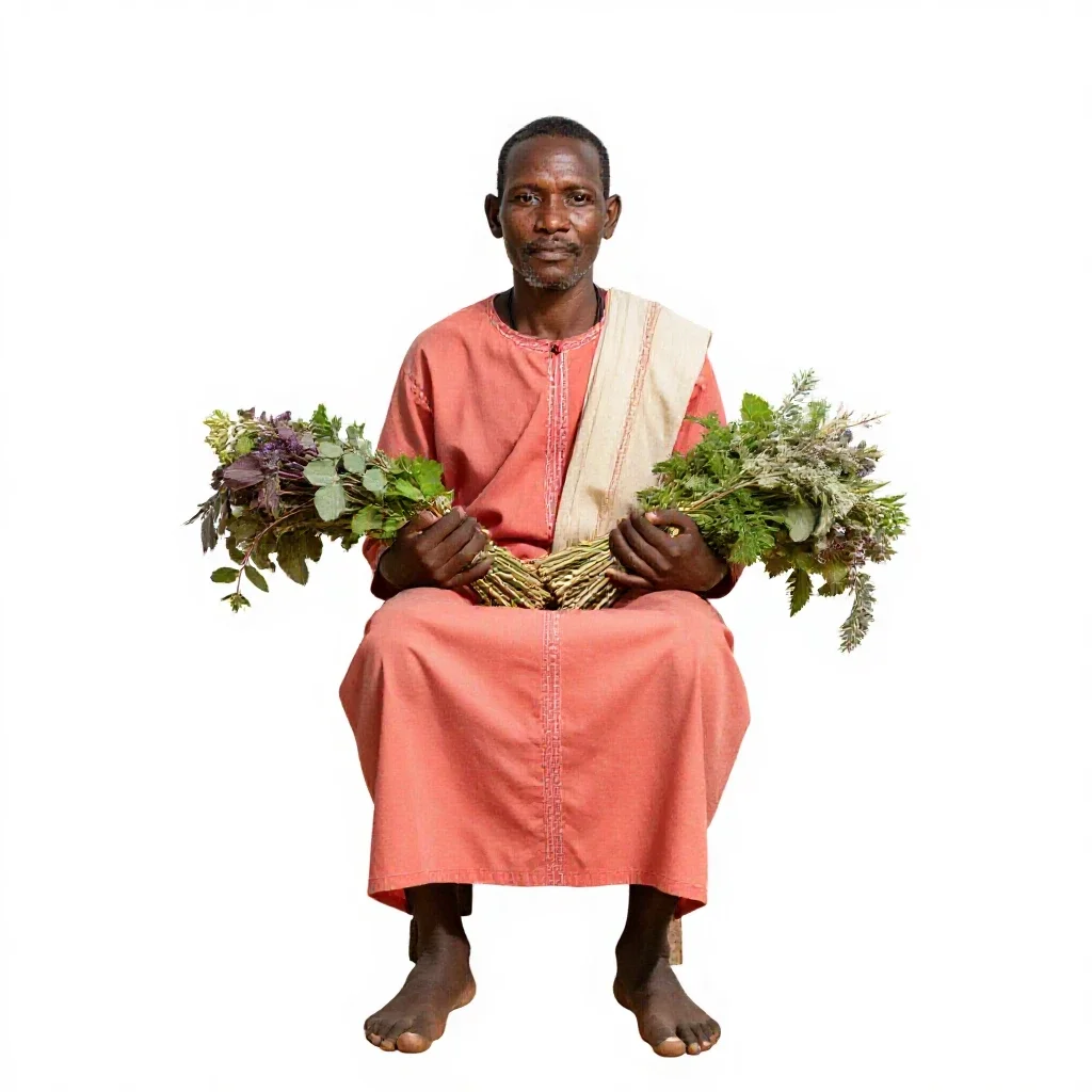 Village healer with herb bundles isolated on a white background