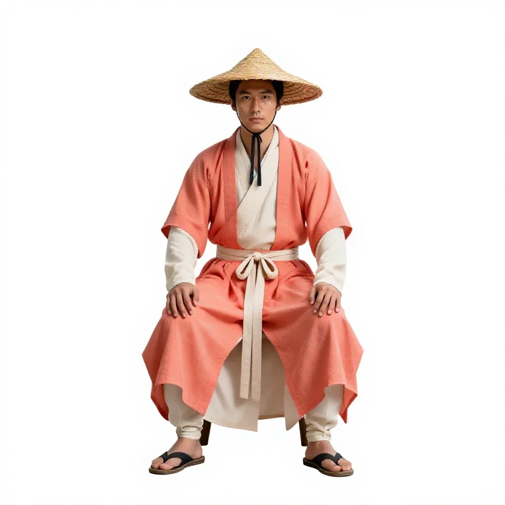Wandering swordsman in a straw hat isolated on a white background