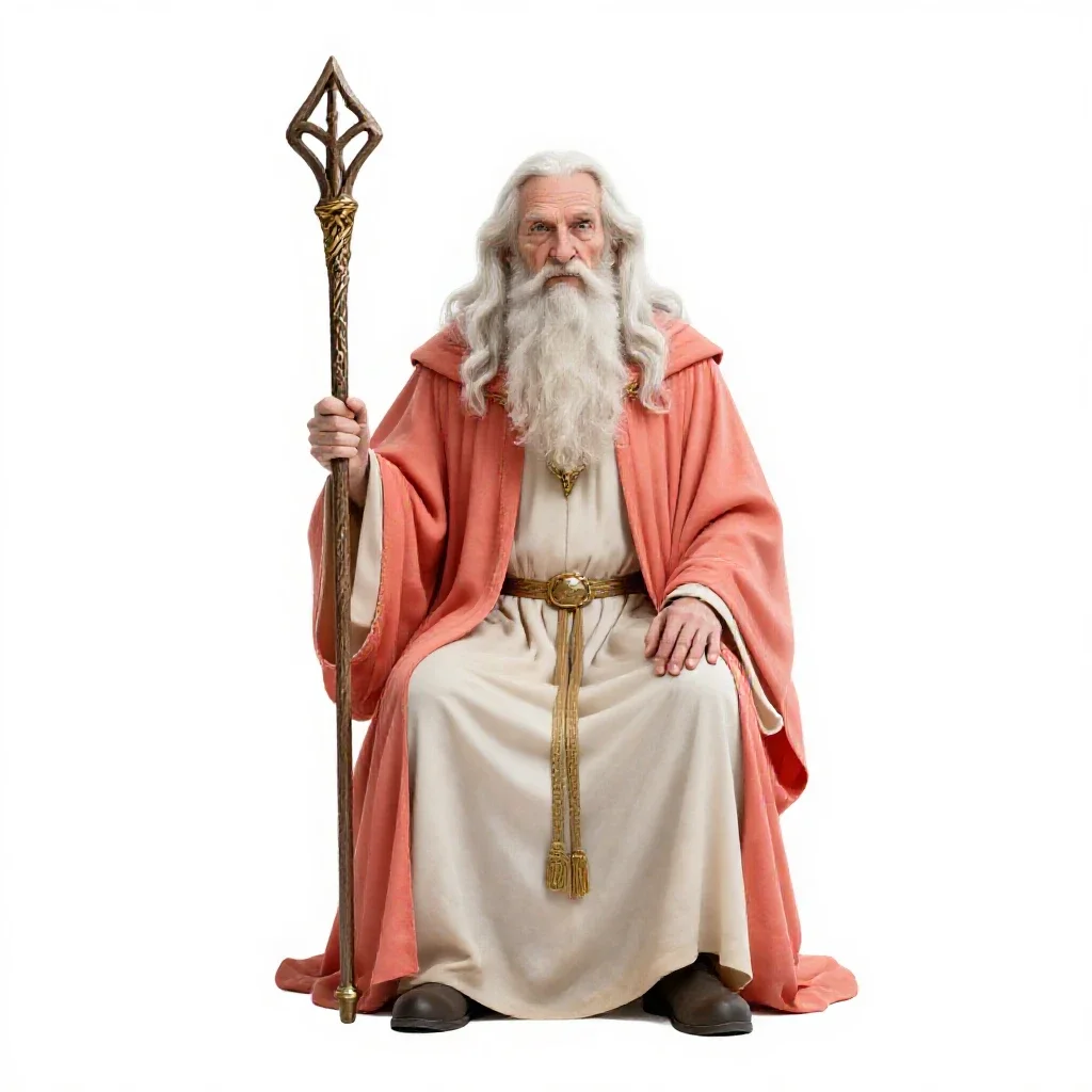 Elder wizard with a rune staff isolated on a white background