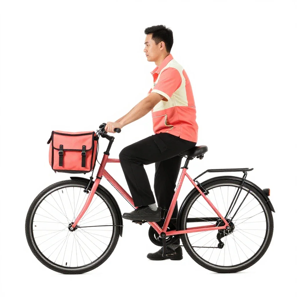 Bicycle courier with a messenger bag isolated on a white background