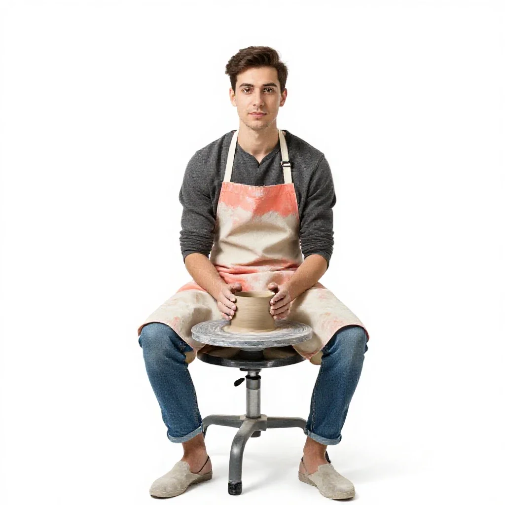 Ceramicist in a clay-dusted apron isolated on a white background