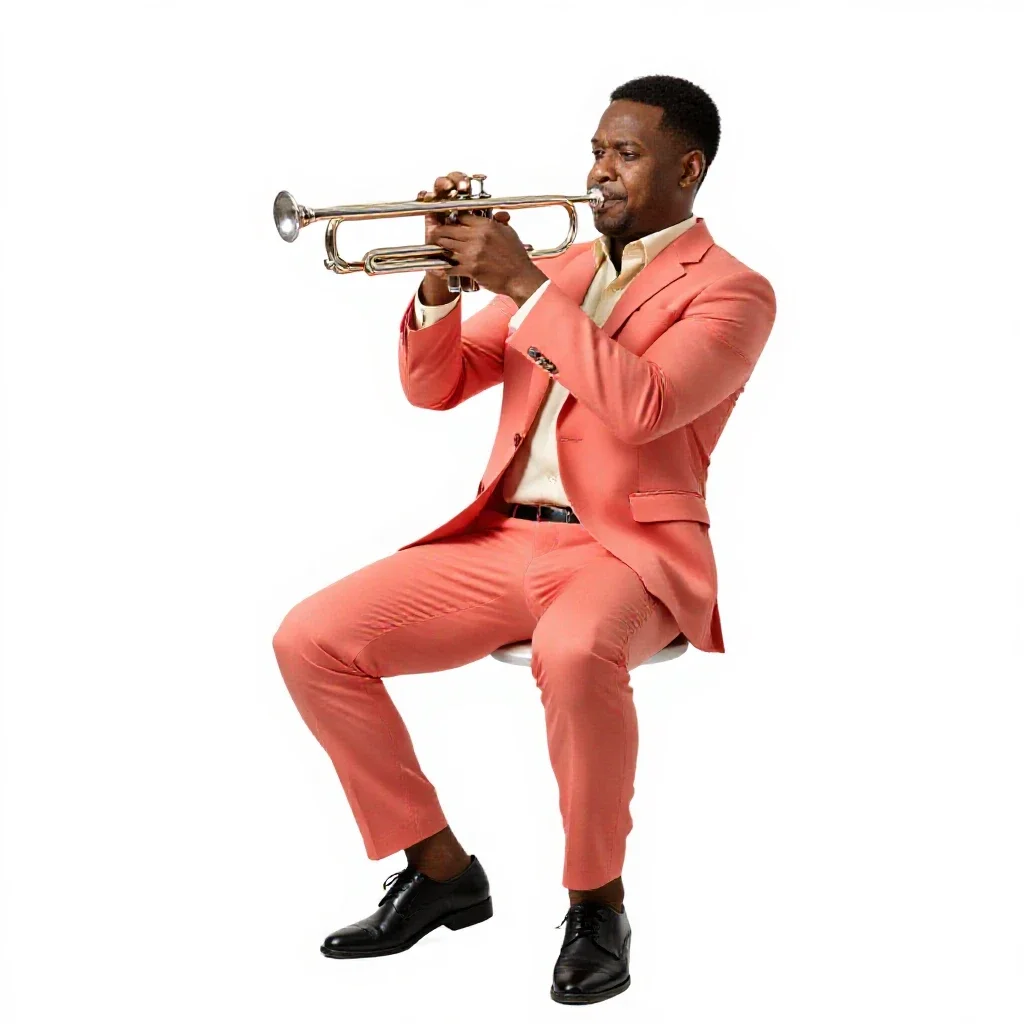 Jazz trumpeter mid-performance isolated on a white background