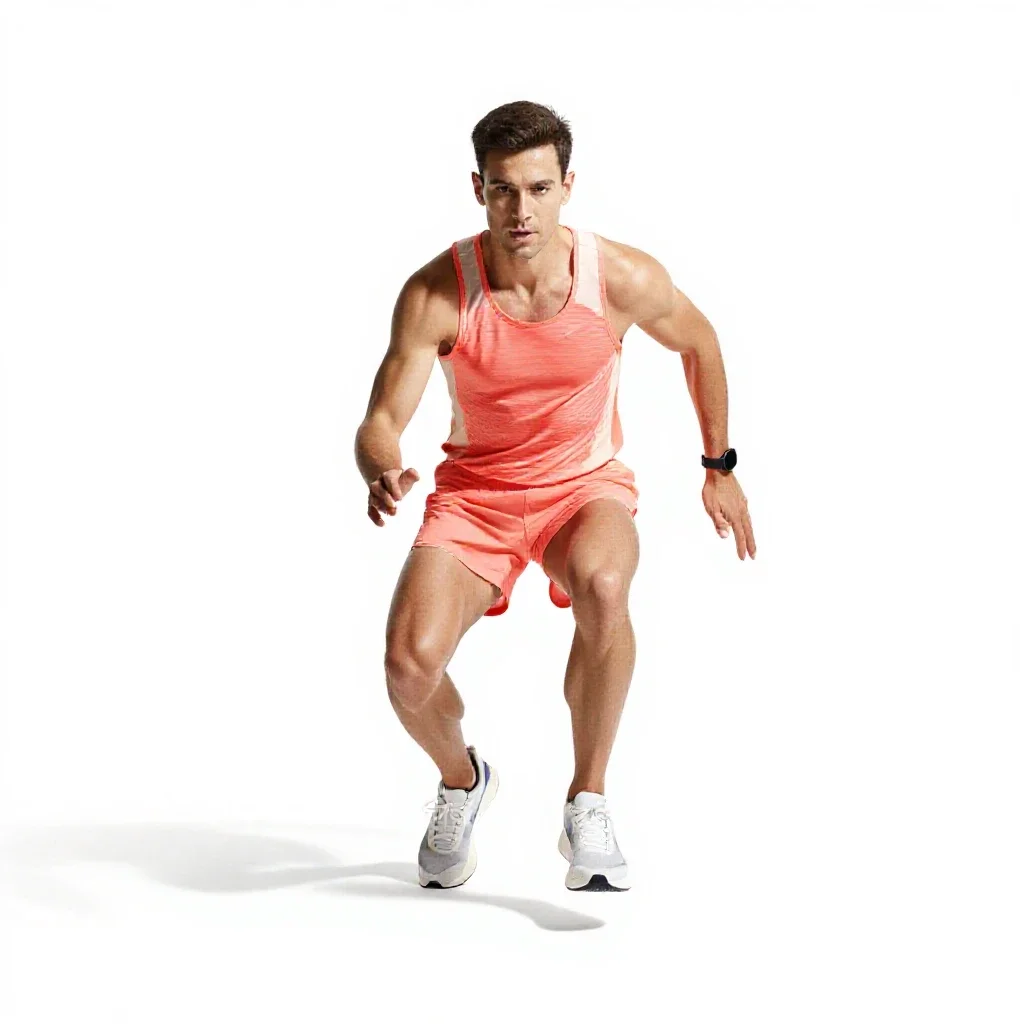 Long-distance runner mid-stride isolated on a white background