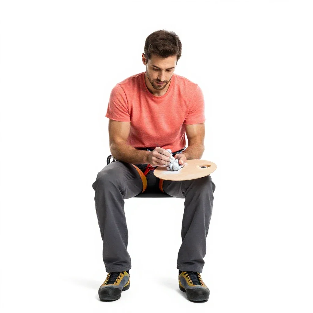 Rock climber chalking hands isolated on a white background