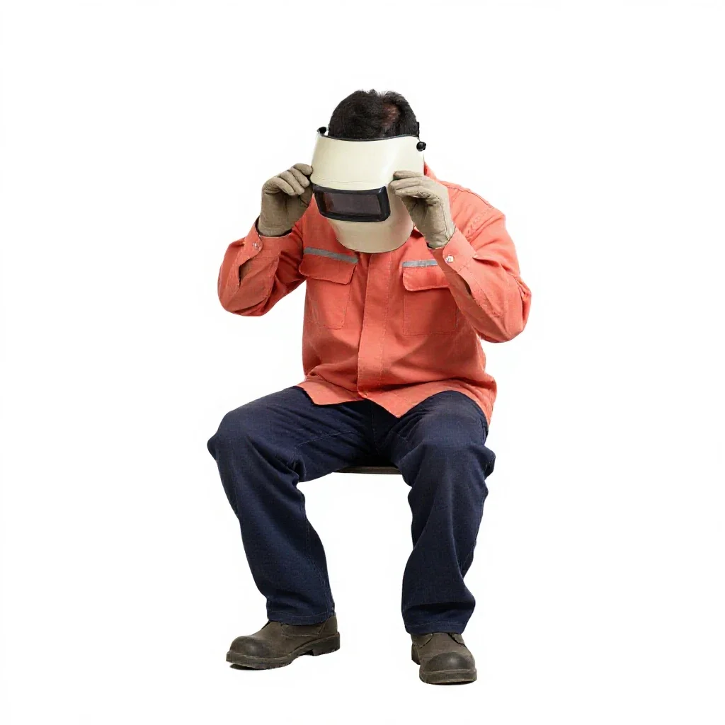 Welder lifting a visor isolated on a white background