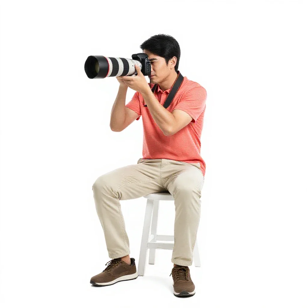 Wildlife photographer with a long lens isolated on a white background