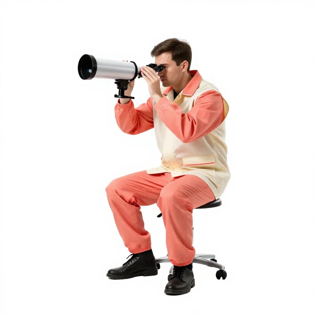 Astronomer at a telescope eyepiece isolated on a white background
