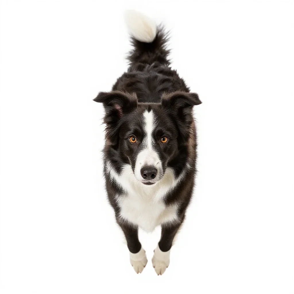 Border collie mid-leap isolated on a white background