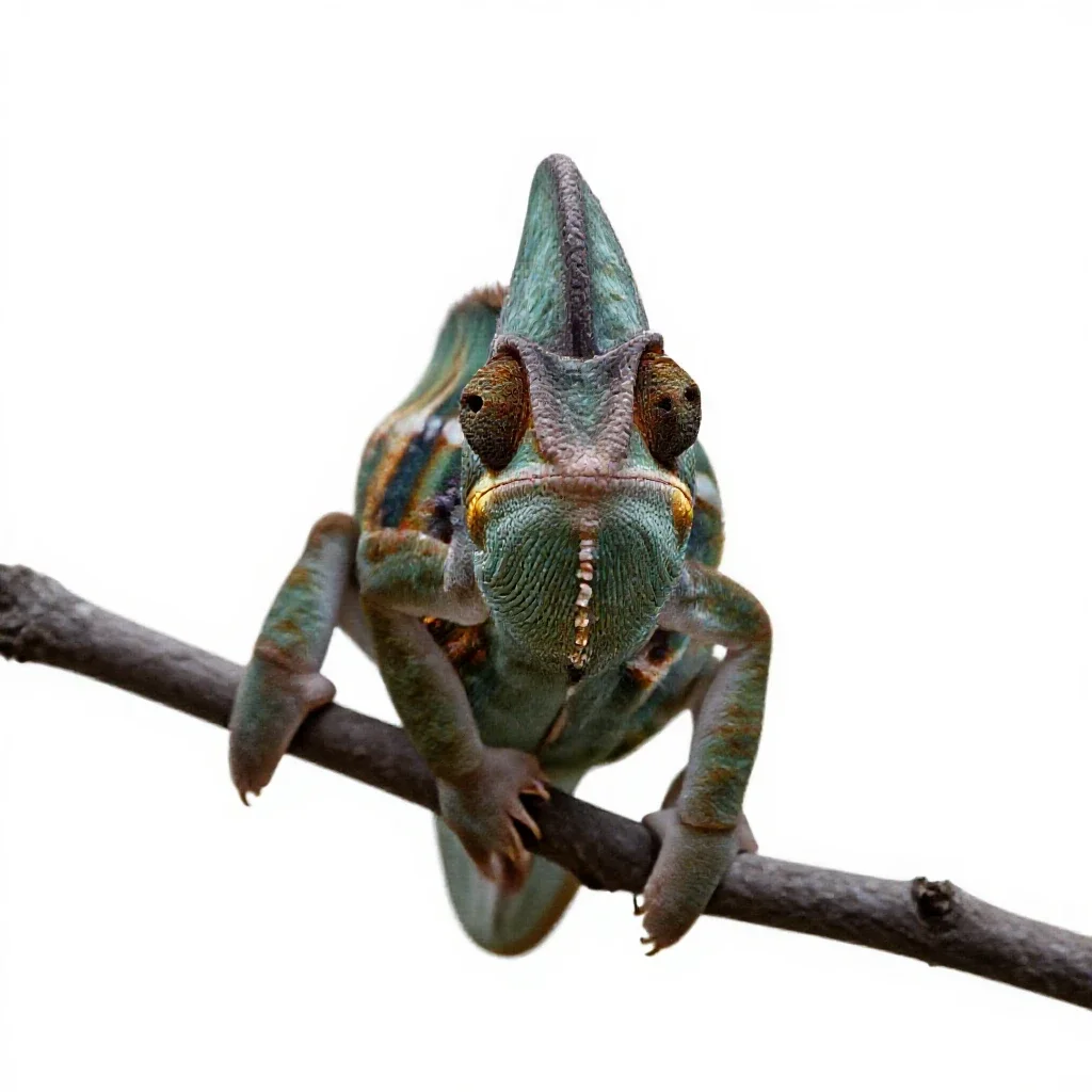 Chameleon on a branch isolated on a white background