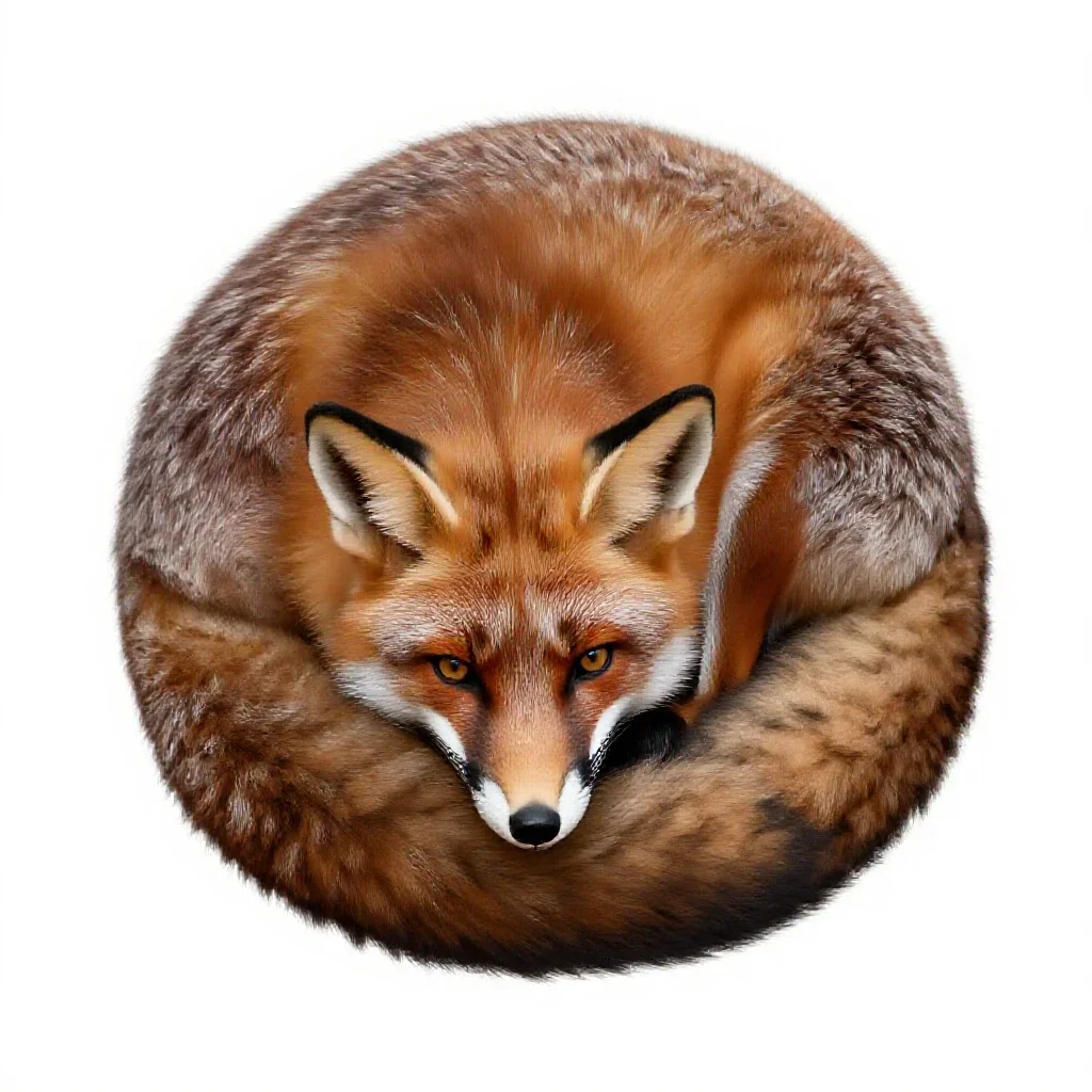 Red fox curled asleep isolated on a white background