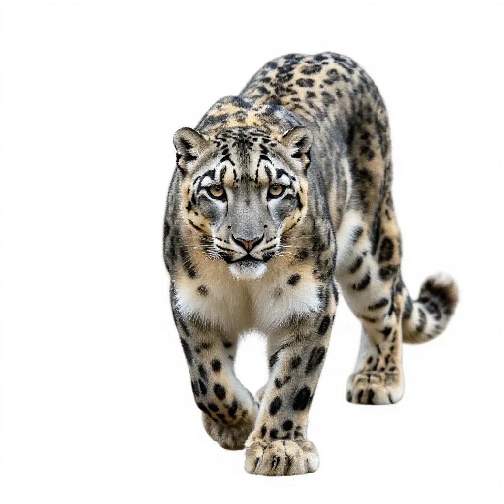 Snow leopard mid-prowl isolated on a white background