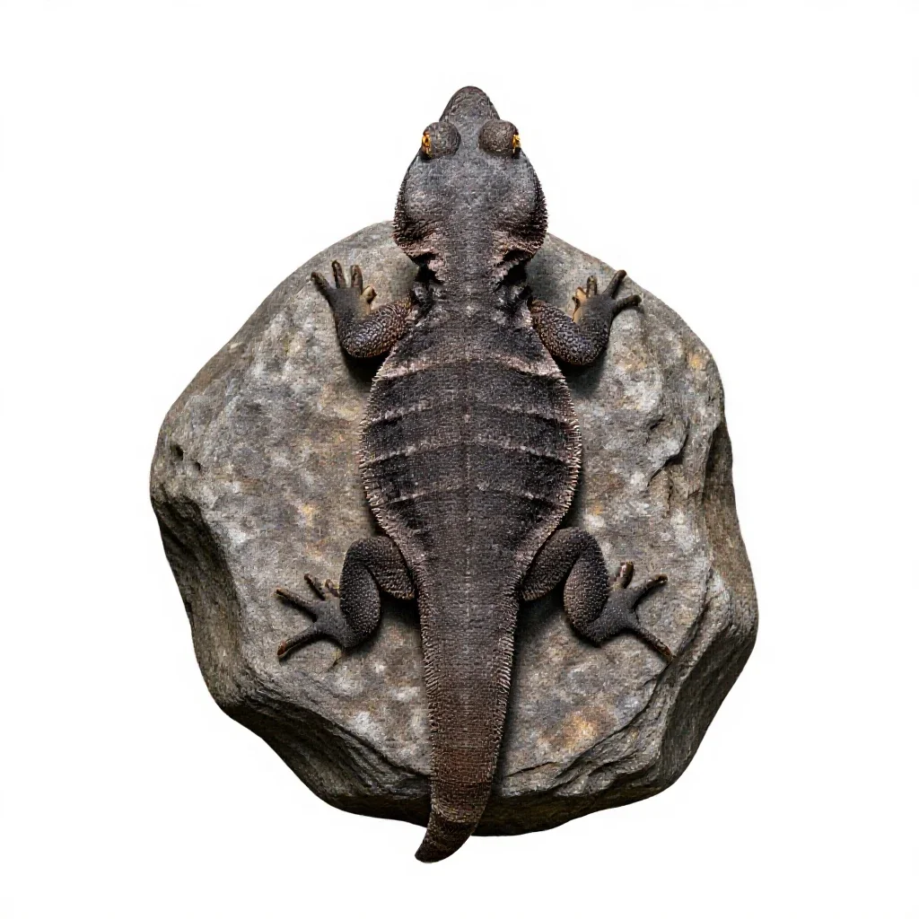 Tuatara on a rock isolated on a white background