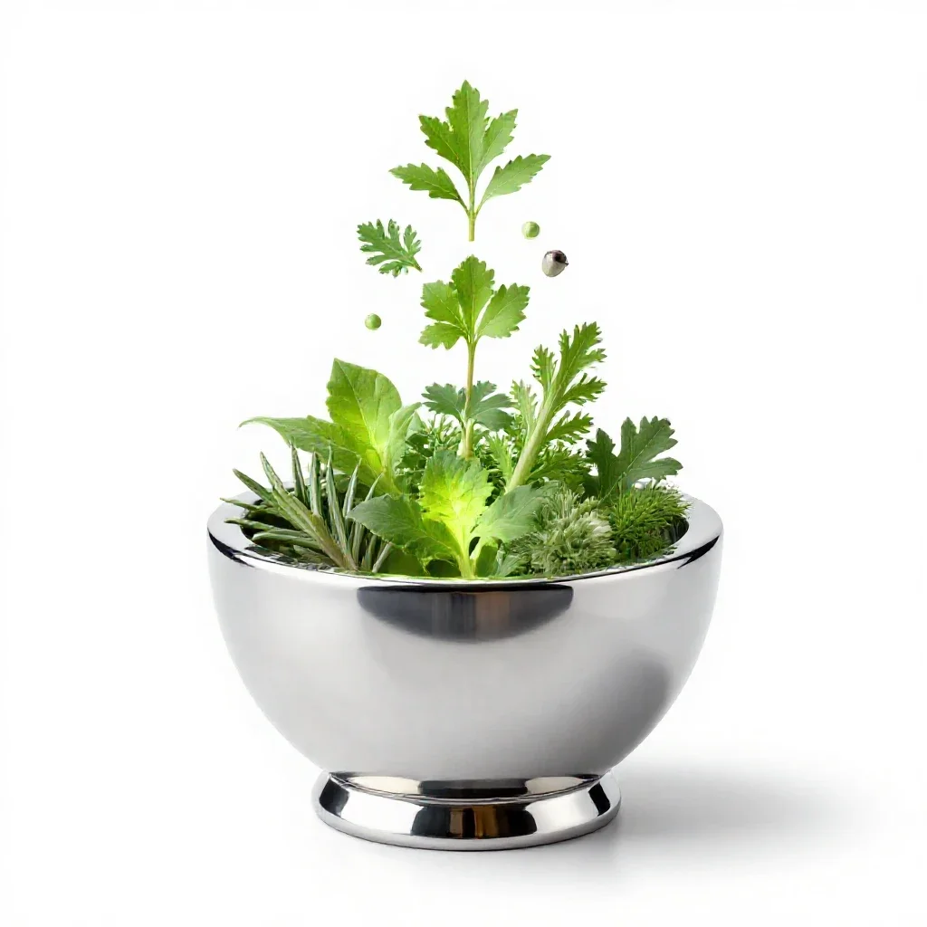 Mortar of glowing herbs isolated on a white background