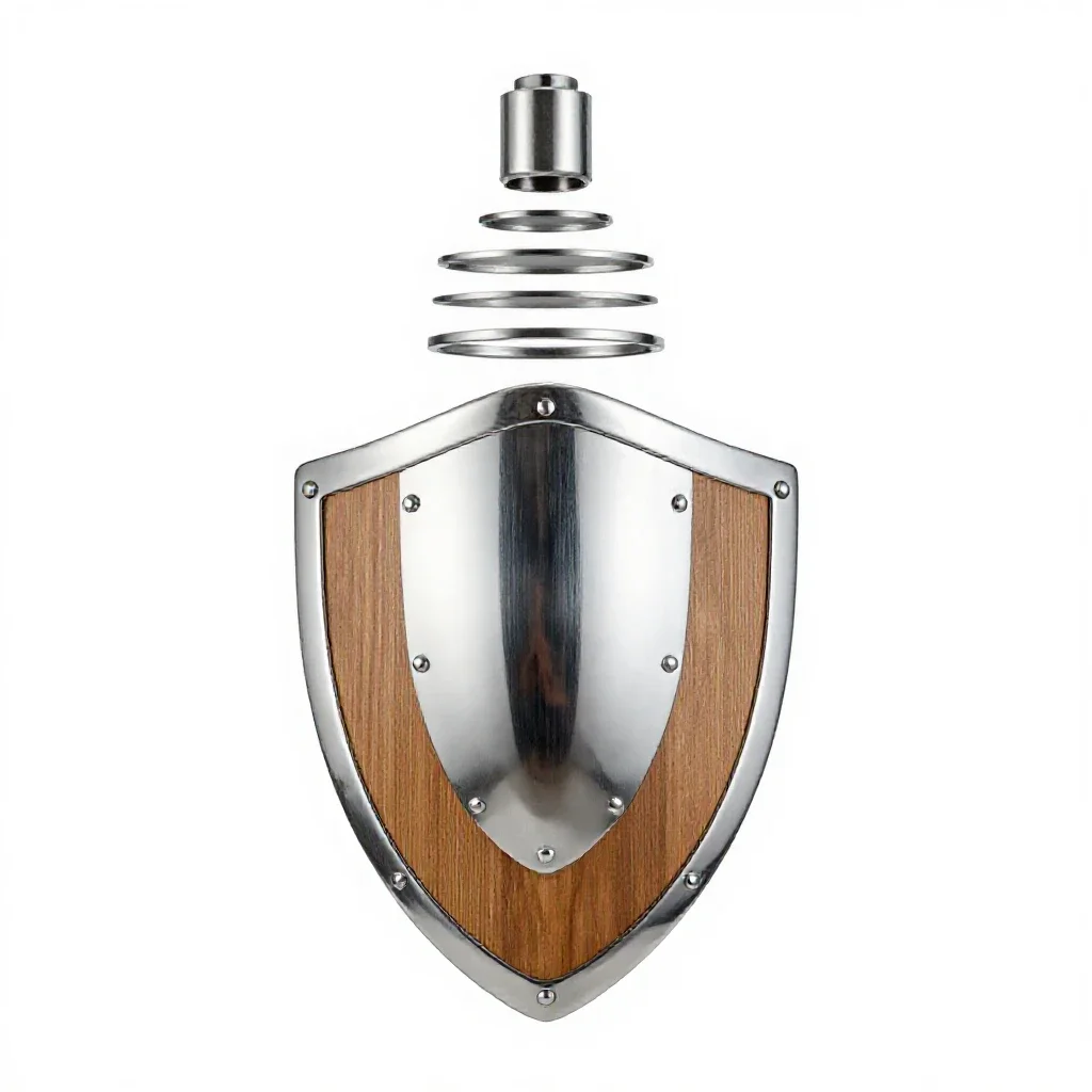 Wooden shield with an iron boss isolated on a white background