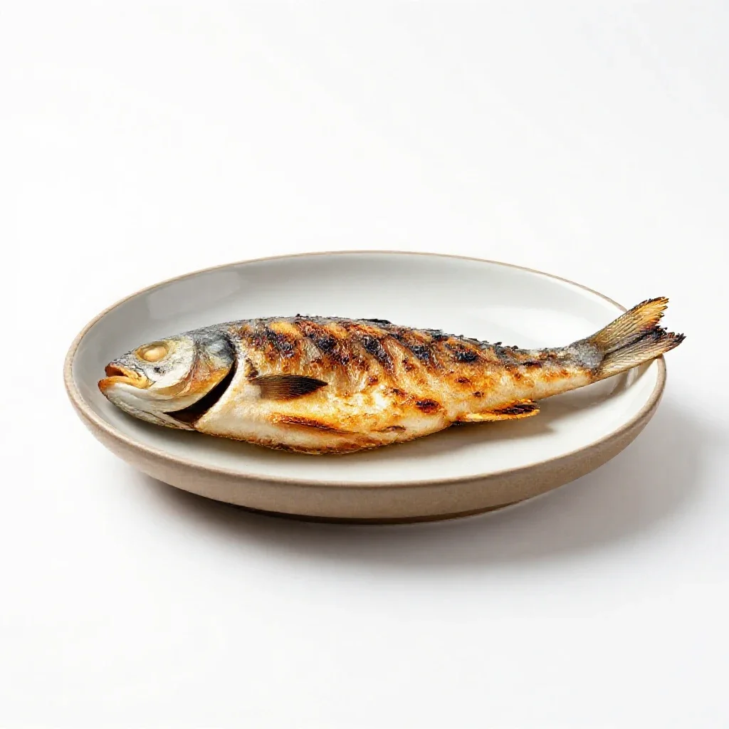 Grilled fish on a plate isolated on a white background