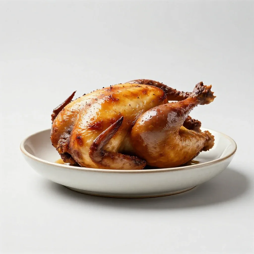 Roast chicken on a board isolated on a white background