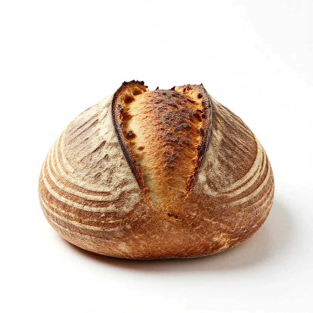 Sourdough boule with a scored crust isolated on a white background