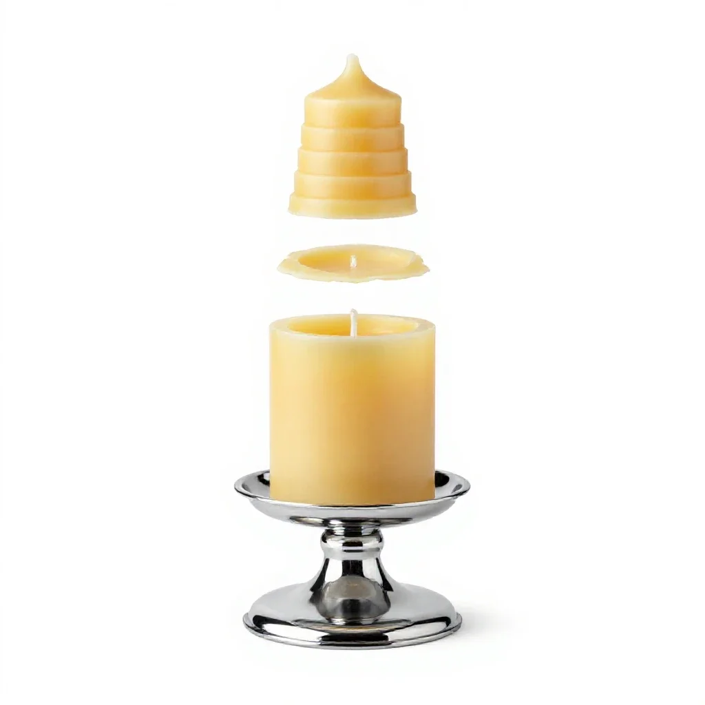 Beeswax pillar candle on a holder isolated on a white background