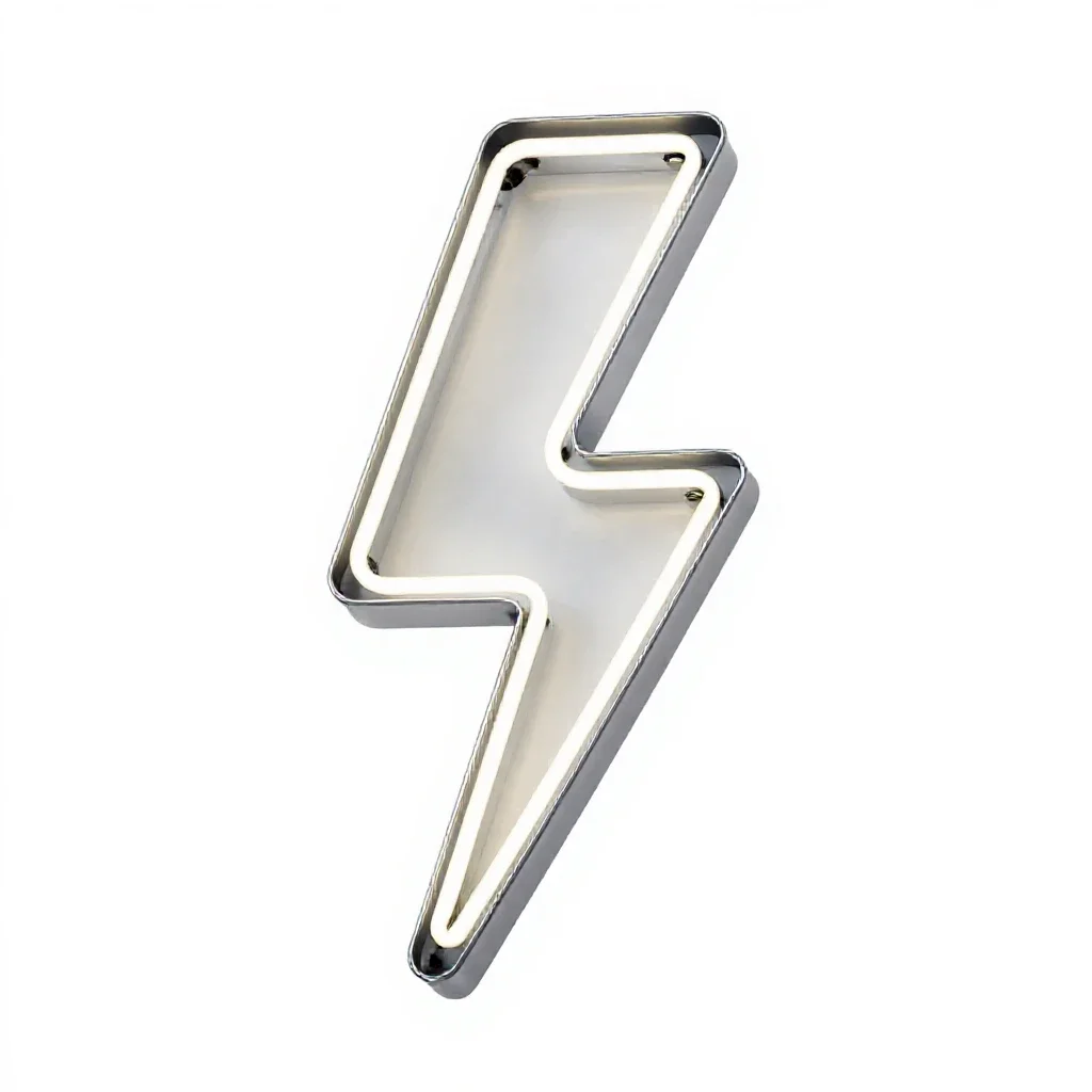 Neon sign shaped like a lightning bolt isolated on a white background